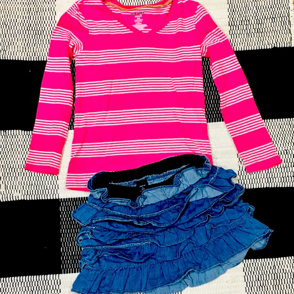 School outfit — denim ruffle skirt and pink long sleeve cotton striped s…